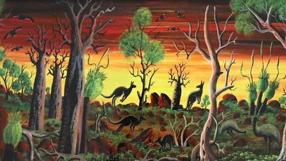 Artwork 'Peace at Sunset' by South West-based painter Philip Hansen featuring flora and fauna of the Australian outback