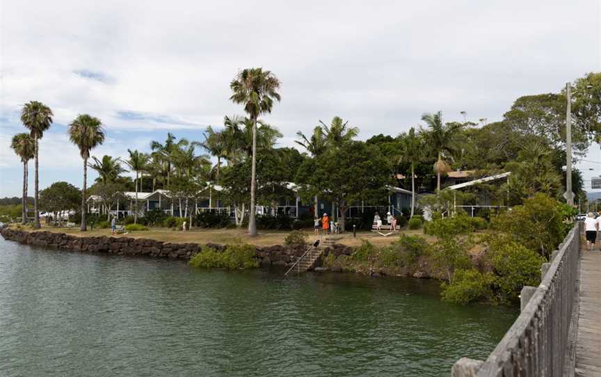 View of the cabins from the bridge and river