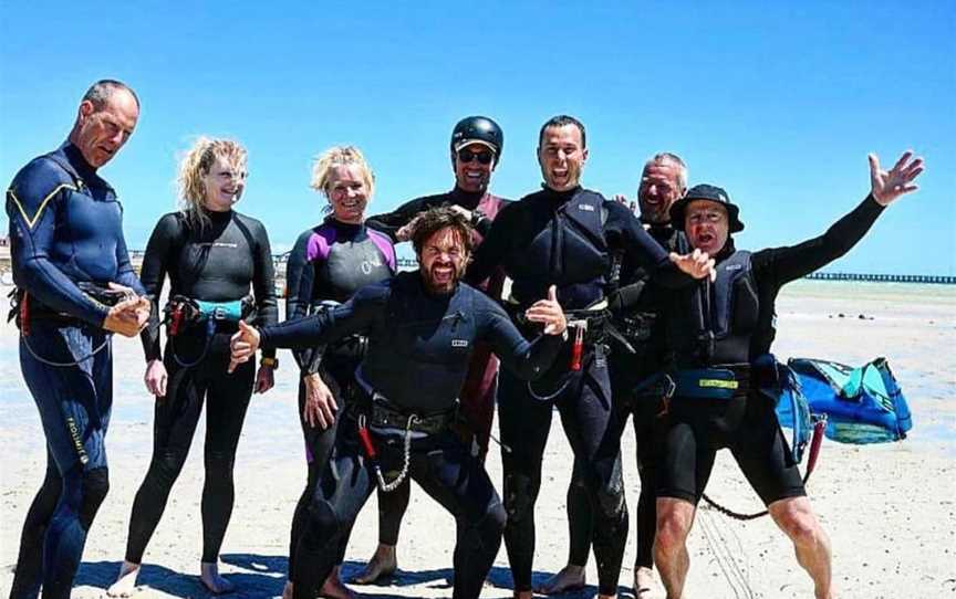 Matt from RIDE Kitesurfing with several students after a kitesurfing lesson in Adelaide.