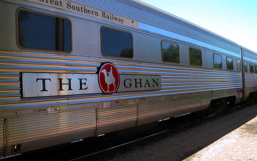 Sideviewofpassengercarwithliveryof The Ghantrain( Great Southern Railway)