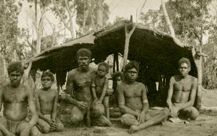 Aboriginal boys and men in front of a bush shelter - NTL PH0731-0022.jpg