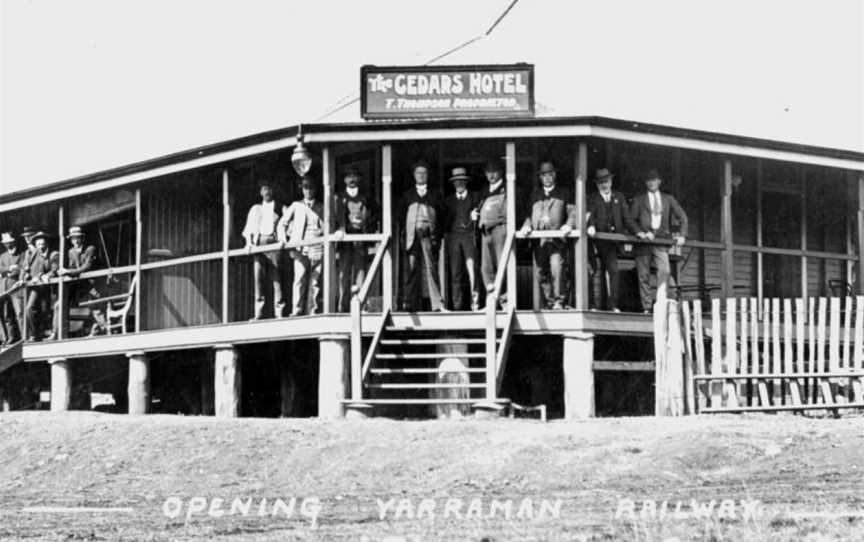 StateLibQld 2 179707 Ministerial party at The Cedars Hotel, Upper Yarraman, for the opening of the railway, 1913.jpg