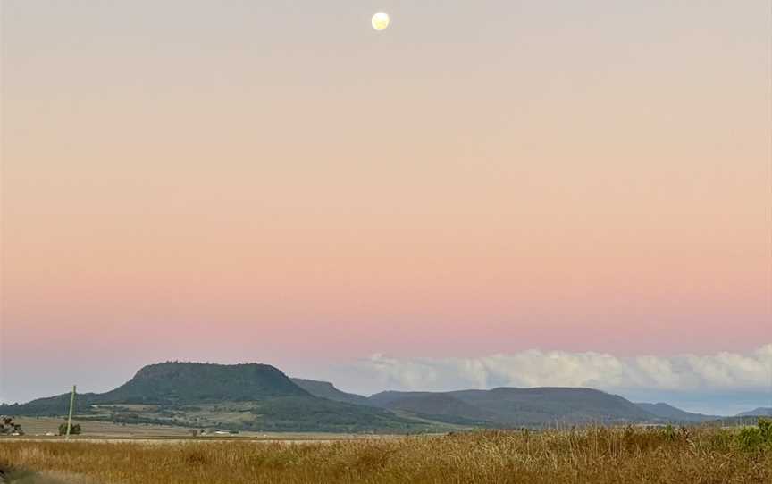 Sunset and moonrise over Main Range National Park seen from Clintonvale, Queensland, 2021.jpg