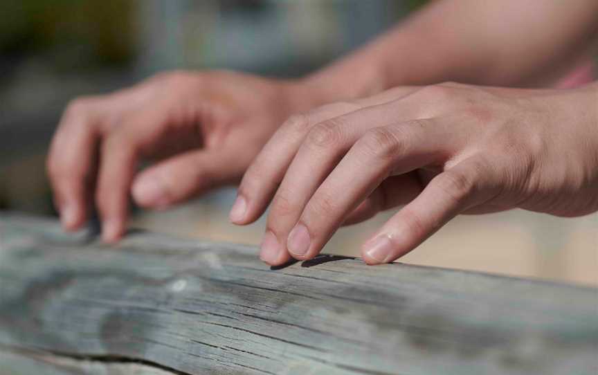 Hands hovering over a wooden log as if playing the piano