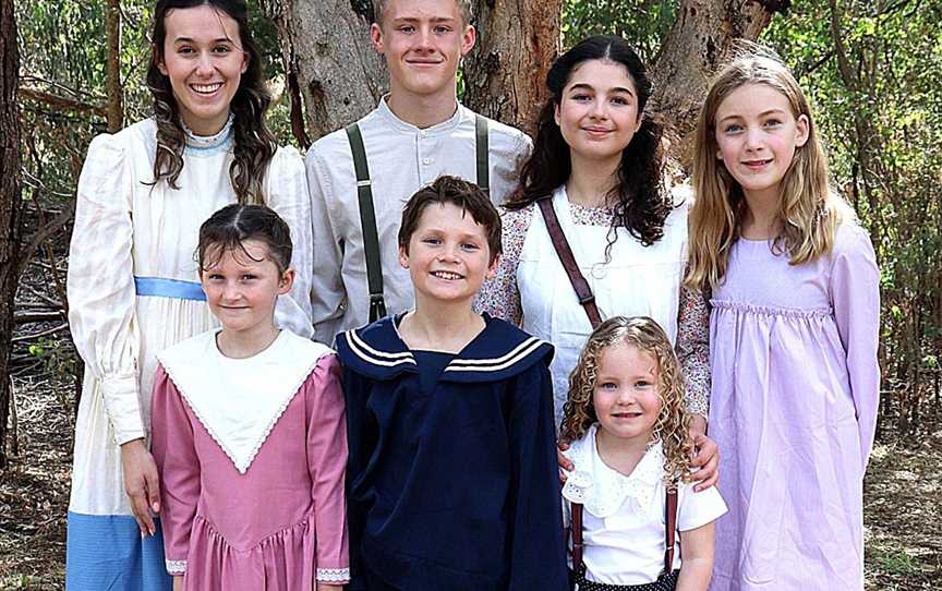 The musical Seven Little Australians features Ciara Malone, left, Boh Dobson, Escher Roe and Alice Kosovich, at back, and Daniel Keenan, Jessica Keenan and Mila Rose Campbell, at front.