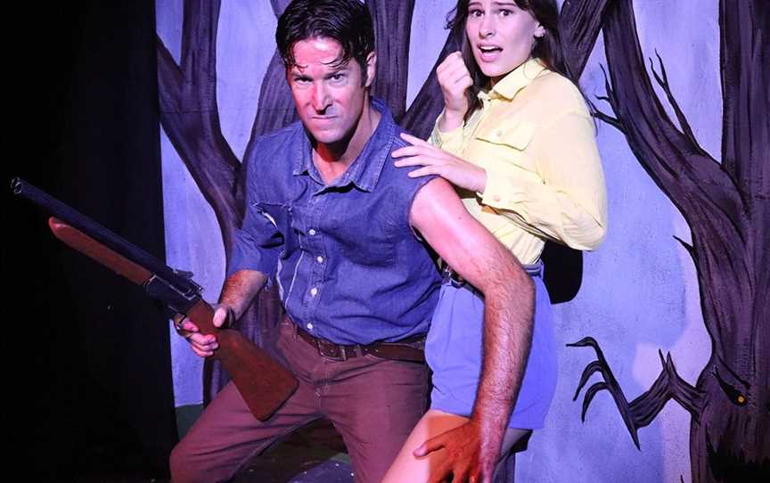 Ash (Luke Miller, left) and Annie (Naomi Capon) ready for action in Evil Dead: The Musical.