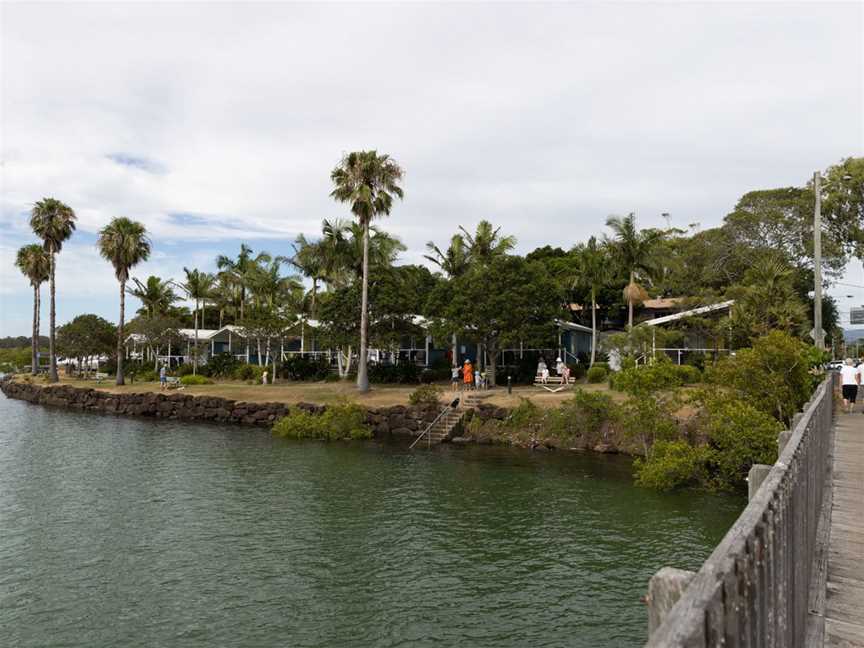 View of the cabins from the bridge and river