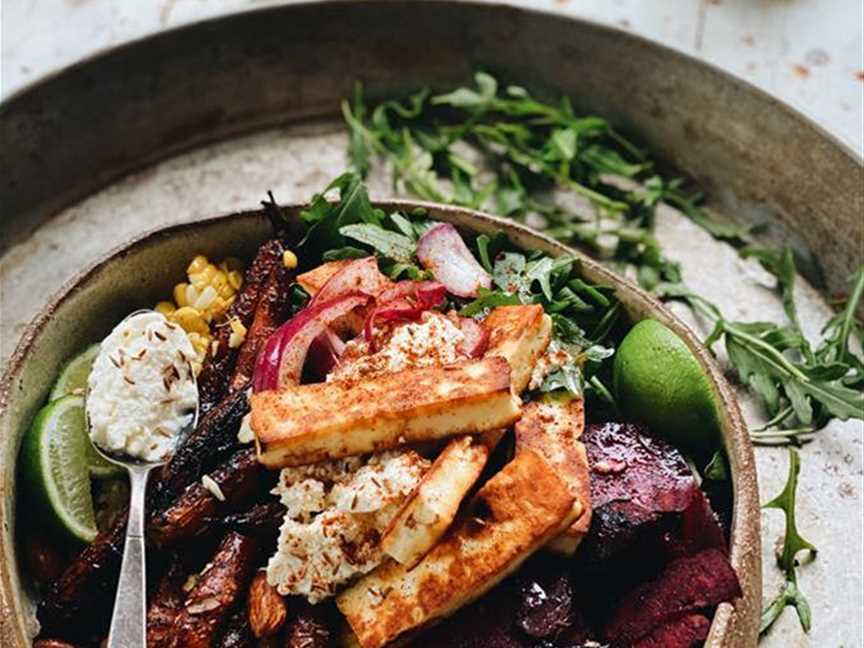 Haloumi, Honey Roasted Carrots & Ricotta/Pesto Rice Bowls