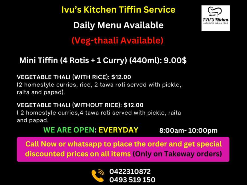 We open everyday.

Mon - Sun: 6:00am - 10:00pm

Place your order via phone for takeaway to get special discount!