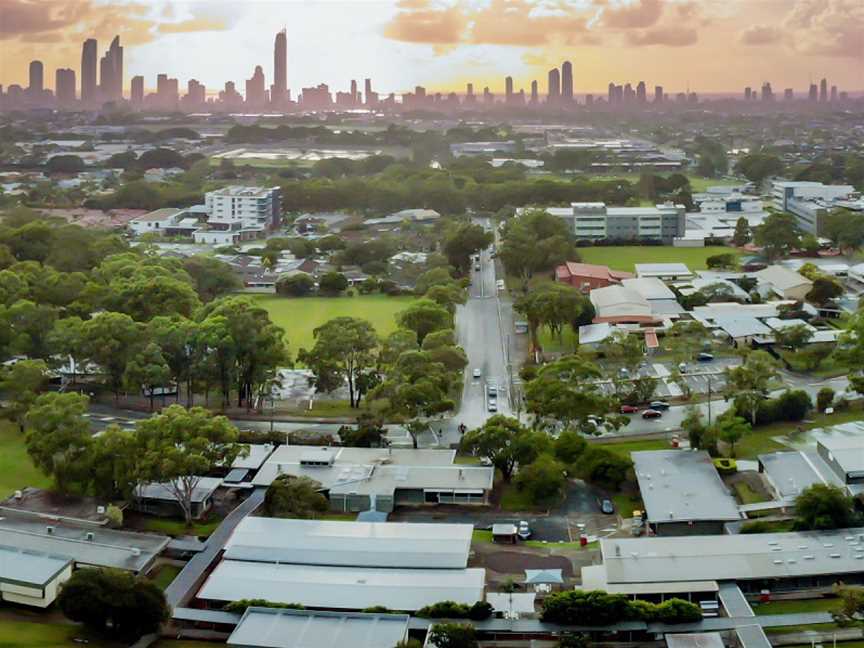 Benowa State High School (foreground) looking east towards Surfers Paradise.jpg