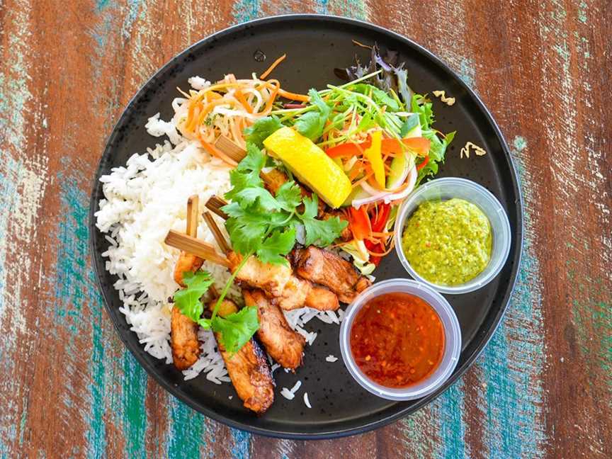 Lemongrass, ginger chicken skewers with fresh salad, steamed rice & Asian pickles